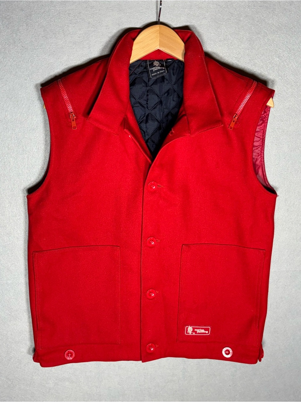 Marine Yachting Red Quilted-Lined Men's Vest with hidden sleeves and hood